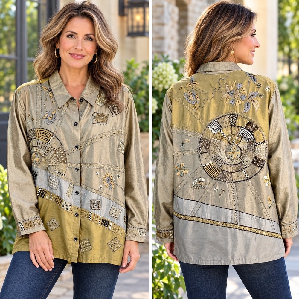 Chico's Design 100% Silk Embroidered Beaded Jacket Gold Size 1 Med Art to Wear